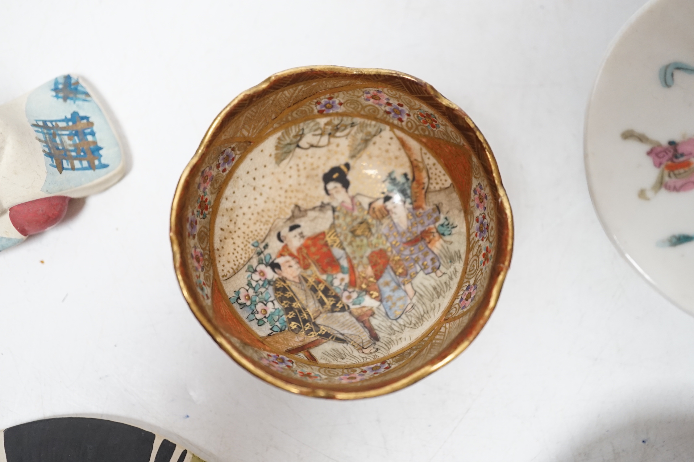 A pair of late 19th century Chinese famille rose jars and covers, Satsuma small bowl and two pottery models, 7cm wide